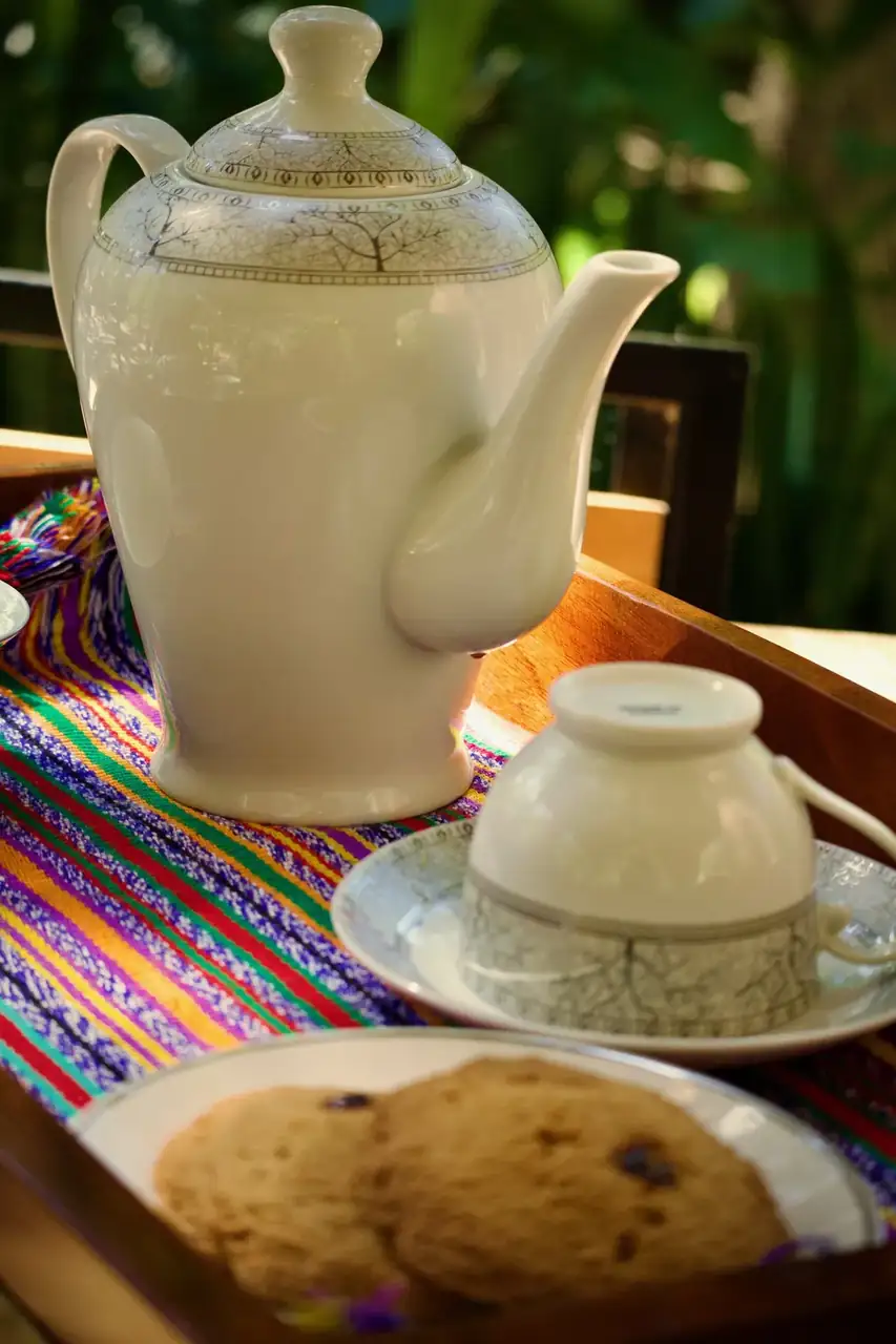 A teapot and cup on a woven table runner, set for breakfast outdoors